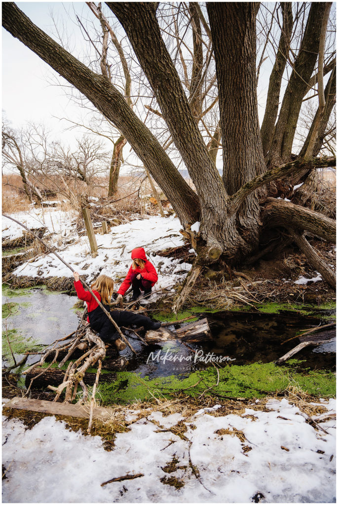 Two children in red jackets building a stick bridge across a stream at the base of a large tree. The child sitting on the river bank is placing a stick on the bridge. One child is sitting on the bridge. There's snow on the ground.