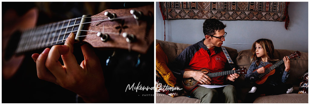 Left - Close up of a child's hand playing the ukelele. Right - Grown-up in red shirt and child in grey on couch playing Ukeleles together. Both are looking at each other.